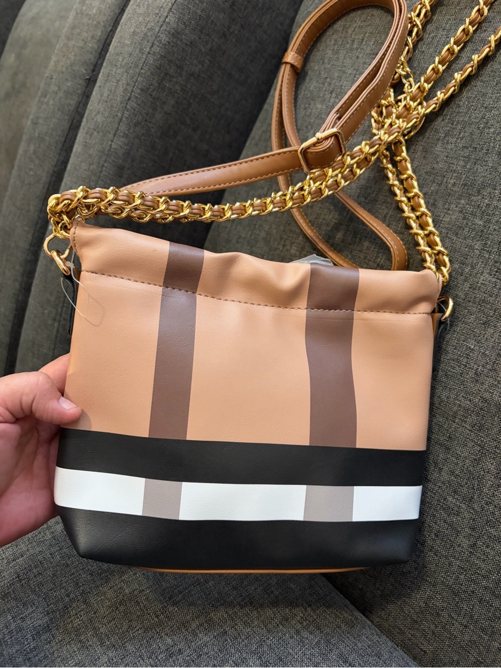 Striped Deluxity Tan and Black Crossbody Bag with Gold Chain